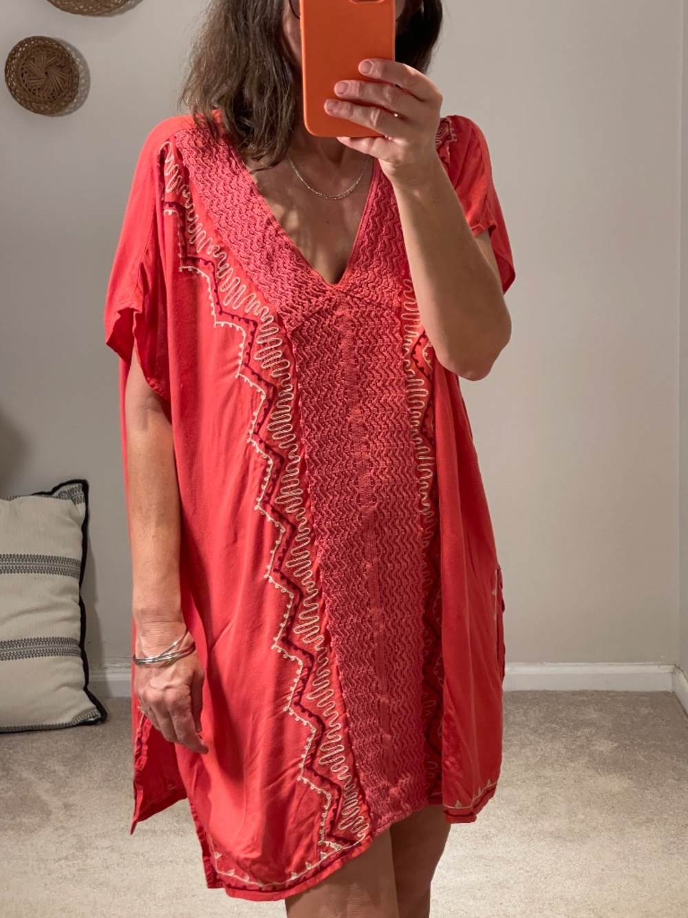 LA Class red coral embroidered crochet beach cover up dress women S/M